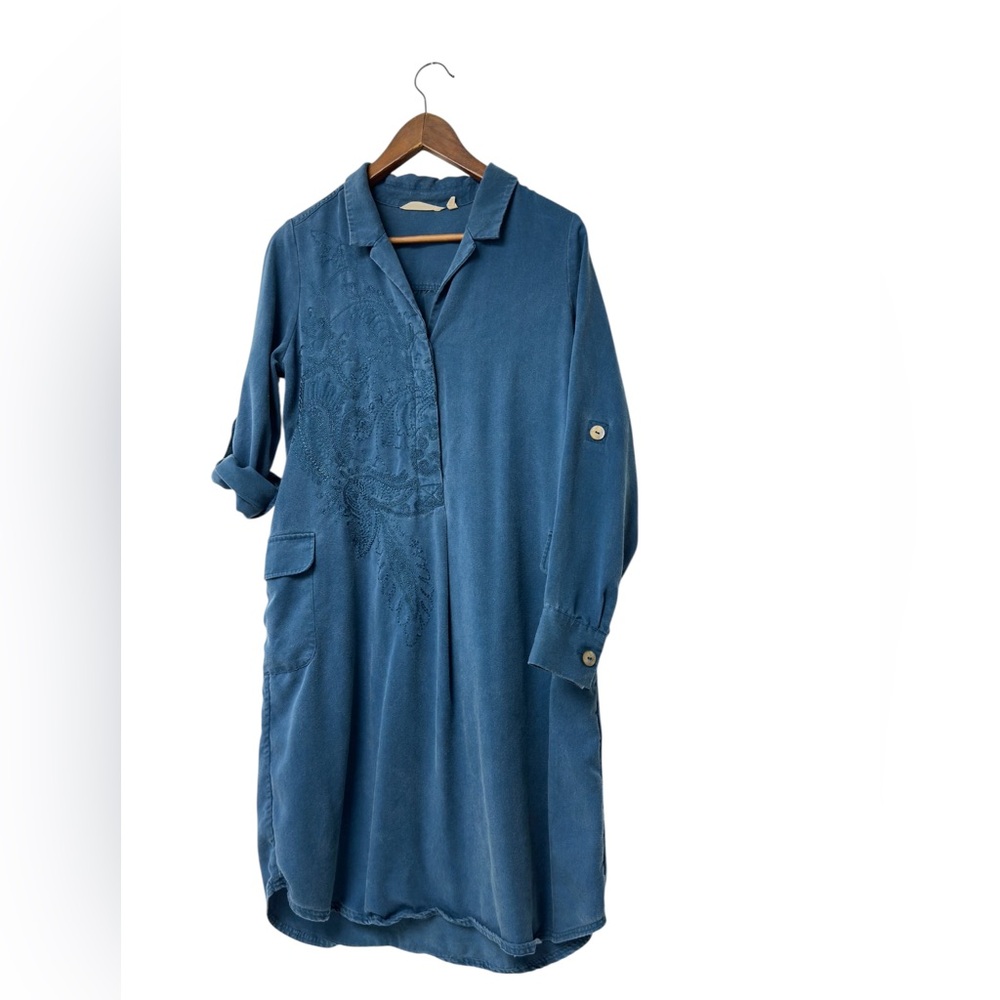 Soft Surroundings Tencel Long Sleeve Tunic Shirt Dress‎ Women Blue Embroidered